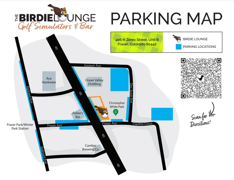 The Birdie Lounge parking map. Parking is marked along Railroad Ave, Fraser Ave, Doc Susie Ave and Zerex Street, plus lots near Eastom Ave and past Clayton Court.